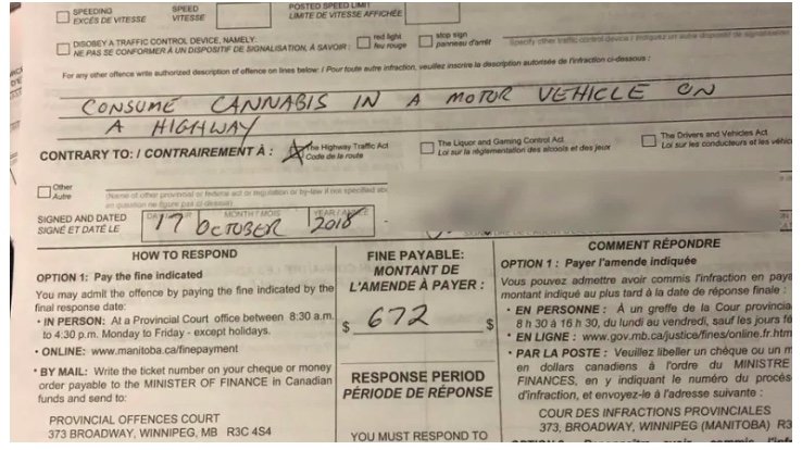 Winnipeg’s 1st ticket for toking in a car